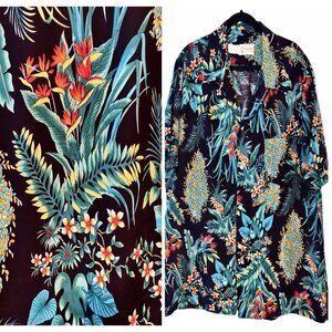 Pomare Tahiti Mens Sz XL/XXL Vtg Black Aloha Botanical Button S/S Rayon Shirt